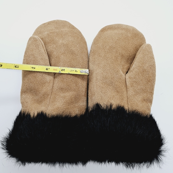 HANDMADE | suede leather fur trimmed plush lined winter mits mittens - Picture 7 of 7